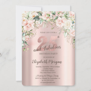 Boho Flowers Roses Rose Gold 25th Birthday Invitation