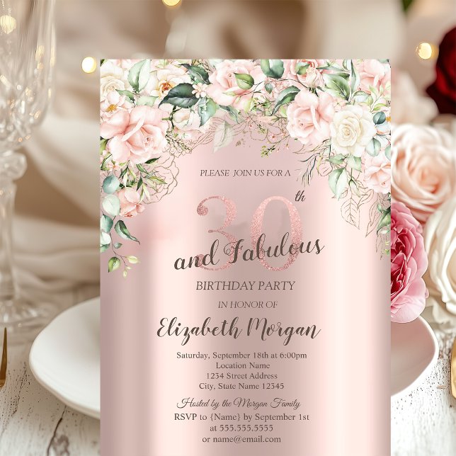 Boho Flowers Roses Rose Gold 30th Birthday Invitation (Creator Uploaded)
