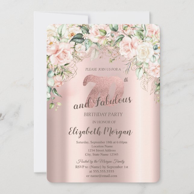 Boho Flowers Roses Rose Gold 70th Birthday Invitation (Front)