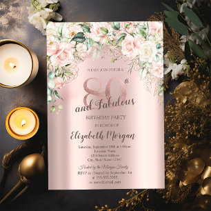 Boho Flowers Roses Rose Gold 80th Birthday Invitation