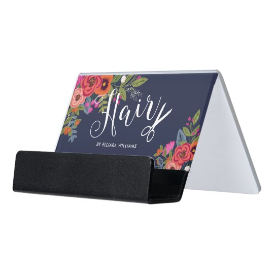 Boho Flowers Scissor Navy Blue Hair Salon Desk Business Card