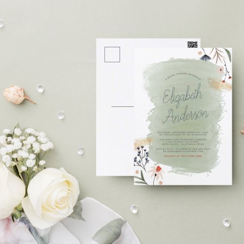 Boho Flowers  Script Name Green Bridal Shower Postcard