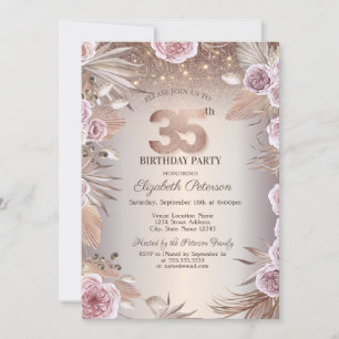 Boho Flowers,String Lights Bokeh 35th Birthday Invitation