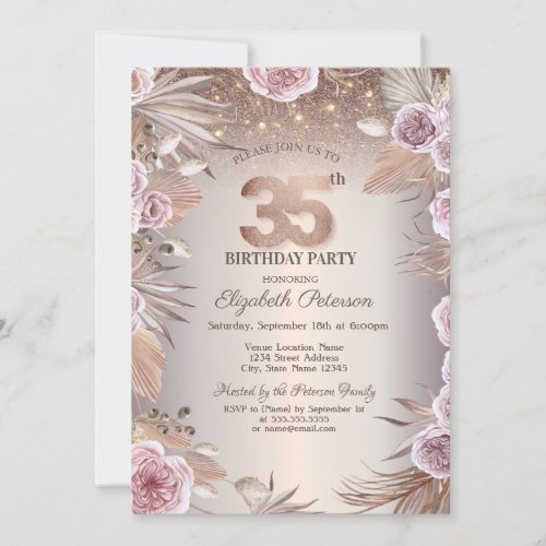 Boho FlowersString Lights Bokeh 35th Birthday Invitation
