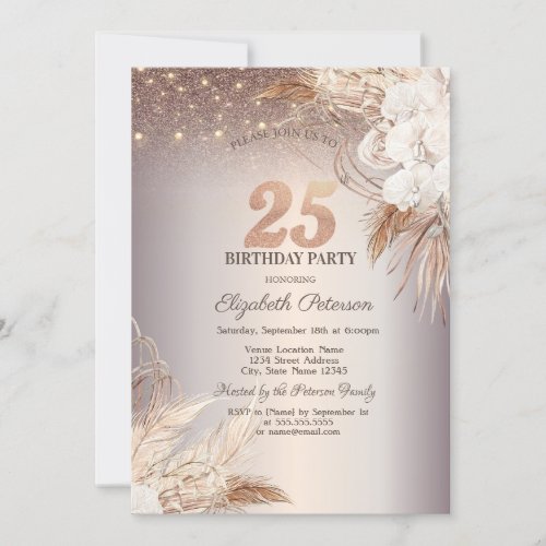Boho FlowersString Lights Glitter 25th Birthday Invitation