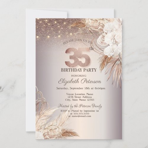 Boho FlowersString Lights Glitter 35th Birthday Invitation