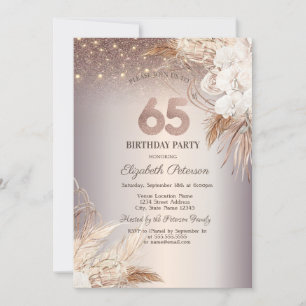 Boho Flowers,String Lights Glitter 65th Birthday Invitation