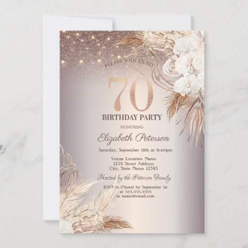 Boho FlowersString Lights Glitter 70th Birthday Invitation