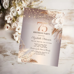 Boho Flowers,String Lights Glitter 75th Birthday Invitation