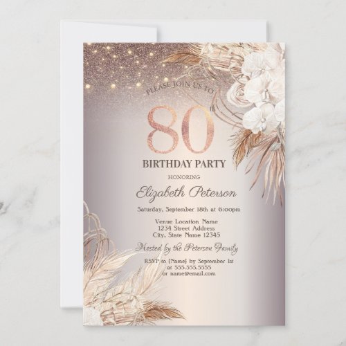 Boho FlowersString Lights Glitter 80th Birthday Invitation