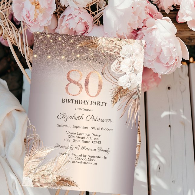 Boho Flowers,String Lights Glitter 80th Birthday Invitation (Creator Uploaded)