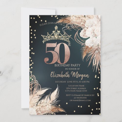 Boho Flowers Tiara Diamonds Green 50th  Invitation