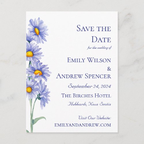Boho Flowers Watercolor Blue Aster Save the Date Invitation Postcard