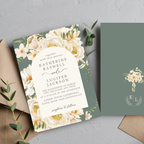 Boho flowers watercolor floral foliage Sage green Invitation