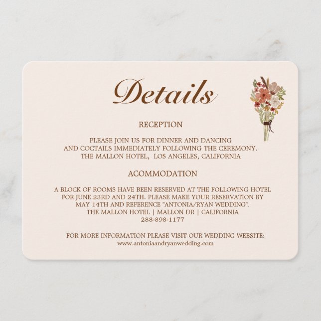 Boho Flowers Wedding Details Card (Front)