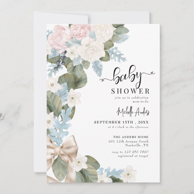 Boho Flowers Winter Watercolor Baby Shower Invitation (Front)