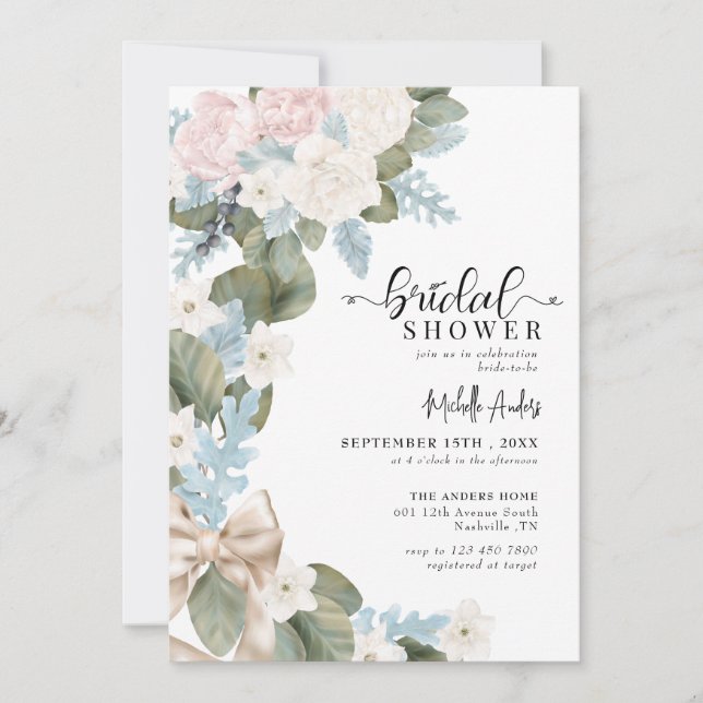 Boho Flowers Winter Watercolor Bridal Shower Invitation (Front)