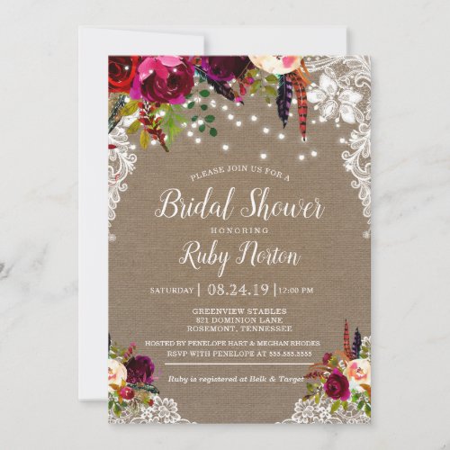 Boho Flowers with Burlap and Lace Bridal Shower Invitation