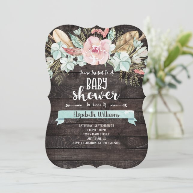 Boho Flowers Wood Baby Shower Invitation (Standing Front)