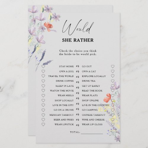 Boho Flowers Would she rather bridal shower game