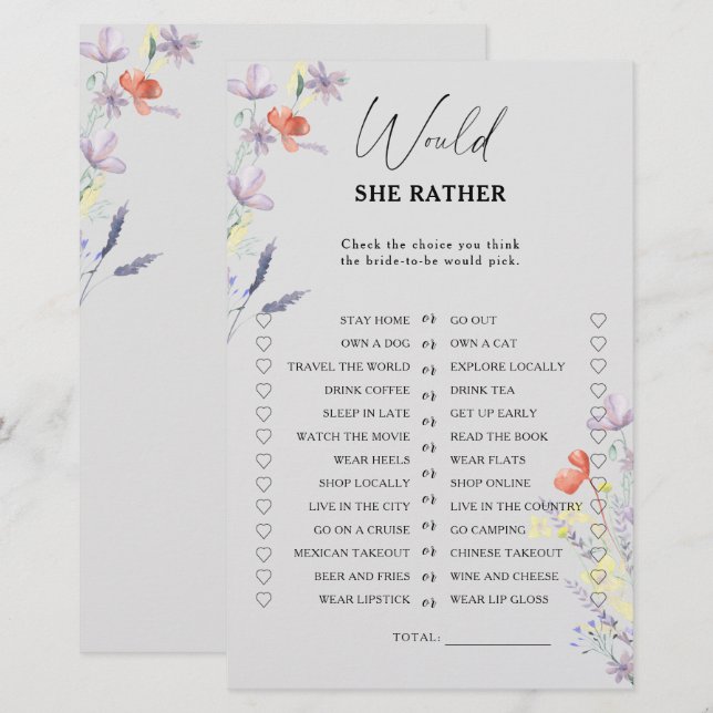 Boho Flowers Would she rather bridal shower game (Front/Back)