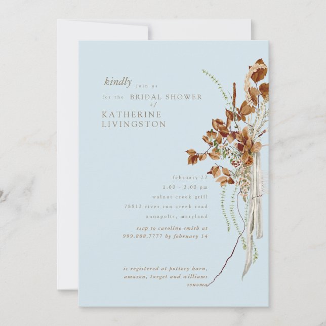 Boho Foliage Sky Blue Elegant Bridal Shower  Invitation (Front)