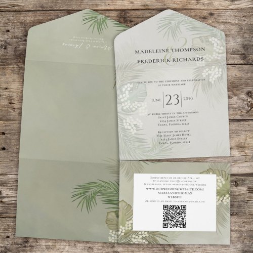 Boho Foliage Tropical Palm Leaves Budget QR Code  All In One Invitation