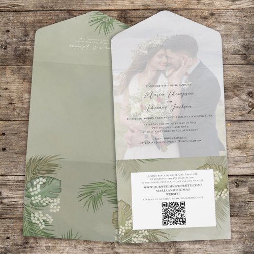 Boho Foliage Tropical Palm Leaves Photo QR Code All In One Invitation