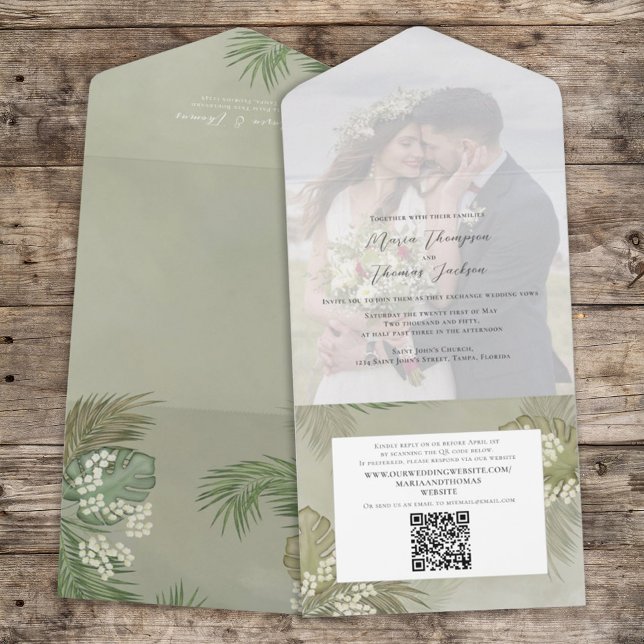 Boho Foliage Tropical Palm Leaves Photo QR Code All In One Invitation (Creator Uploaded)