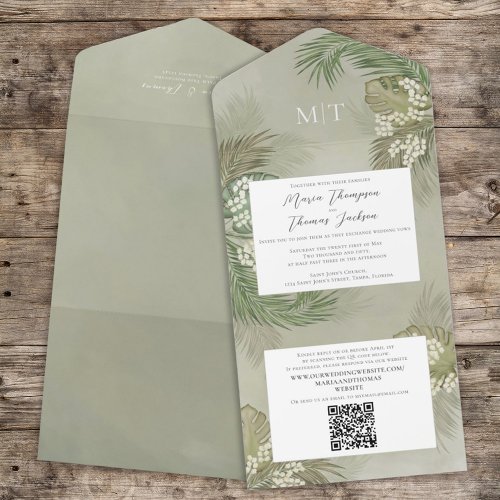Boho Foliage Watercolor Tropical Budget QR Code All In One Invitation