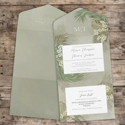 Boho Foliage Watercolor Tropical Palm Leave Budget All In One Invitation