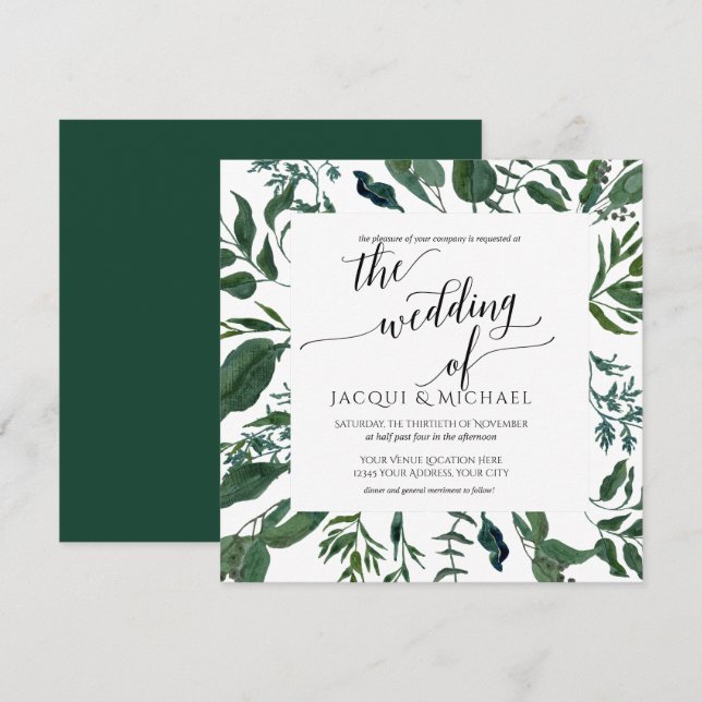 BOHO Foliage Wedding Watercolor Wreath | Square Invitation (Front/Back)