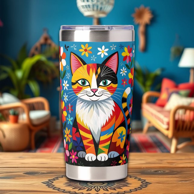 Boho Folk Art Cat, Flowers & Butterfly   Insulated Tumbler (Creator Uploaded)