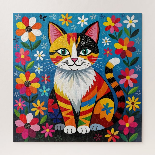 Boho Folk Art Cat, Flowers & Butterfly   Jigsaw Puzzle (Vertical)