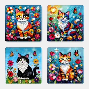 Boho Folk Art Cats, Flowers & Butterflies Coaster Set