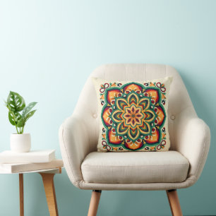 Boho Folk Art Flower Throw Pillow