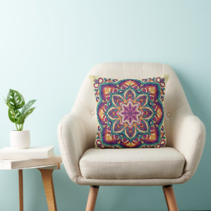 Boho Folk Art Flower Throw Pillow