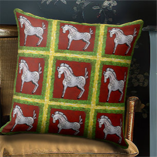 Boho Folk Art Red Plaid Horse Cottage Holiday Throw Pillow