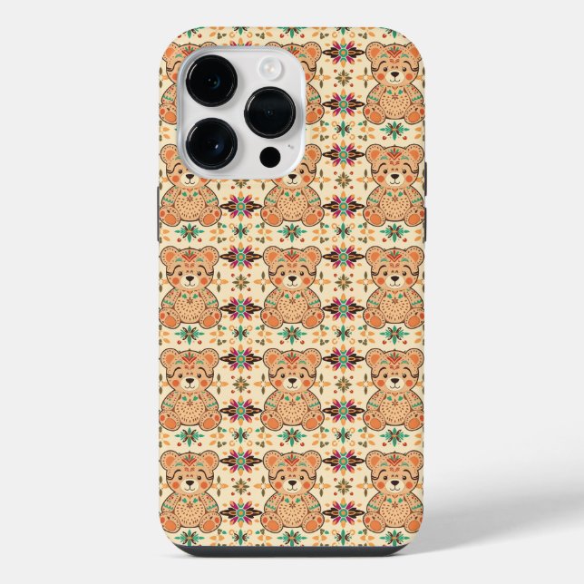 Boho Folk Art Teddy Bear Seamless Pattern iPhone Case (Back)