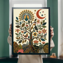 Boho Folk Art Tree of Life Peacock Celestial Poste