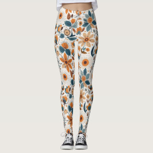 Boho Folk Art Wildflower Meadow Rust Teal Floral Leggings