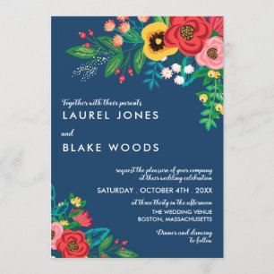 Boho Folk Bouquet - Deep Blue & Red Wedding Invitation