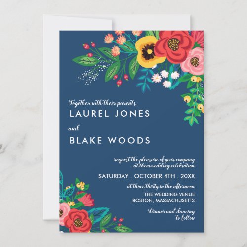 Boho Folk Bouquet _ Deep Blue  Red Wedding Invitation