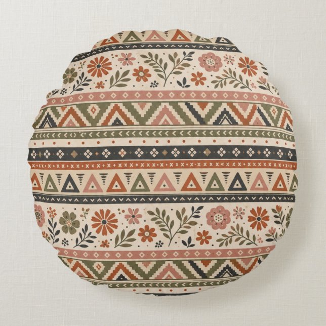 Boho Folk Floral Geometric Seamless Pattern Round Pillow (Front)