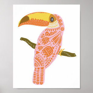 Boho Folk Floral Toucan Illustration in Pink Poster