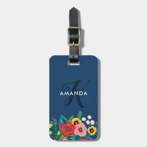 Boho Folk Flowers _ Deep Blue Monogram Luggage Tag