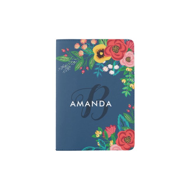 Boho Folk Flowers - Deep Blue Monogram Passport Holder (Front)