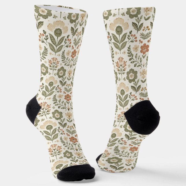 Boho Folk Flowers Earthy Colors Socks (Angled)
