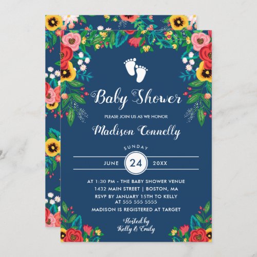 Boho Folk Flowers Footprints Baby Shower Invitation