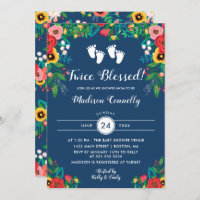 Boho Folk Flowers Twins Footprints Baby Shower Invitation